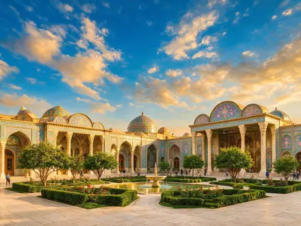 Fotorealistische Panoramaaufnahme von Golestan-Palast Teheran in Teheran Iran, warmes Abendlicht auf Wahrzeichen - Foto: THN