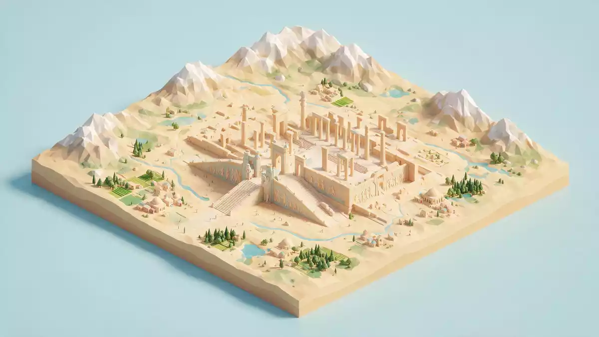 Isometrisches Diorama von Persepolis in Shiraz, Iran in Pastell