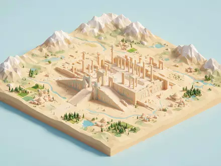 Isometrisches Diorama von Persepolis und Umgebung in Shiraz Iran, verspielte Low-Poly-Kulisse in Pastellfarben - Foto: THN