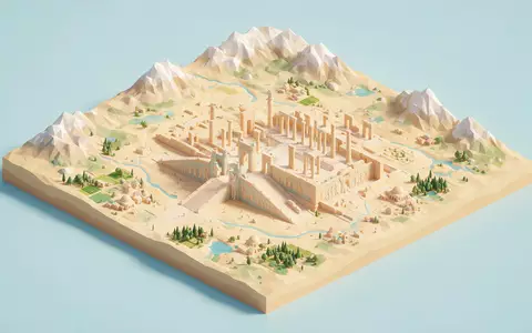 Isometrisches Diorama von Persepolis und Umgebung in Shiraz Iran, verspielte Low-Poly-Kulisse in Pastellfarben - Foto: THN