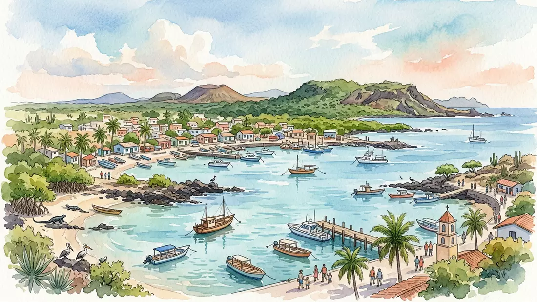 Aquarell-Illustration von Galapagos-Inseln in Puerto Ayora, Ecuador als Reiseposter