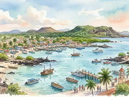 Aquarellillustration des Wahrzeichens Galapagos-Inseln in Puerto Ayora Ecuador, weiche Farbverläufe und pastelliges Reiseposter-Feeling - Foto: THN