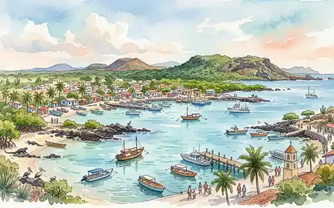 Aquarellillustration des Wahrzeichens Galapagos-Inseln in Puerto Ayora Ecuador, weiche Farbverläufe und pastelliges Reiseposter-Feeling - Foto: THN