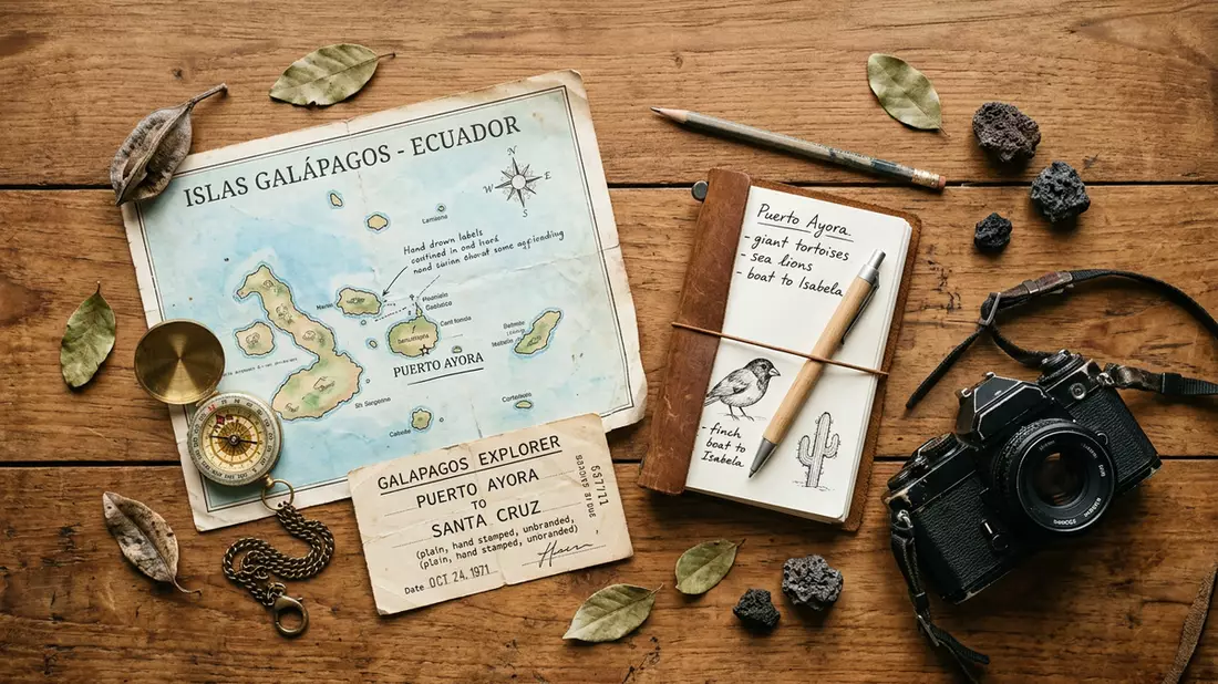 Flatlay-Reise-Arrangement rund um Galapagos-Inseln in Puerto Ayora, Ecuador