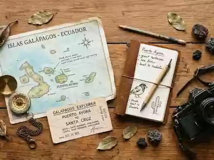 Flatlay-Reise-Arrangement rund um Galapagos-Inseln in Puerto Ayora Ecuador, Karte Kompass Kamera und generische Reiserequisiten - Foto: THN
