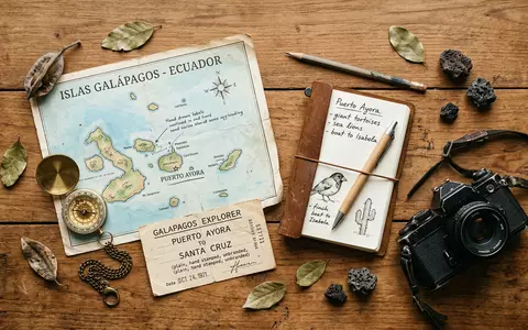 Flatlay-Reise-Arrangement rund um Galapagos-Inseln in Puerto Ayora Ecuador, Karte Kompass Kamera und generische Reiserequisiten - Foto: THN