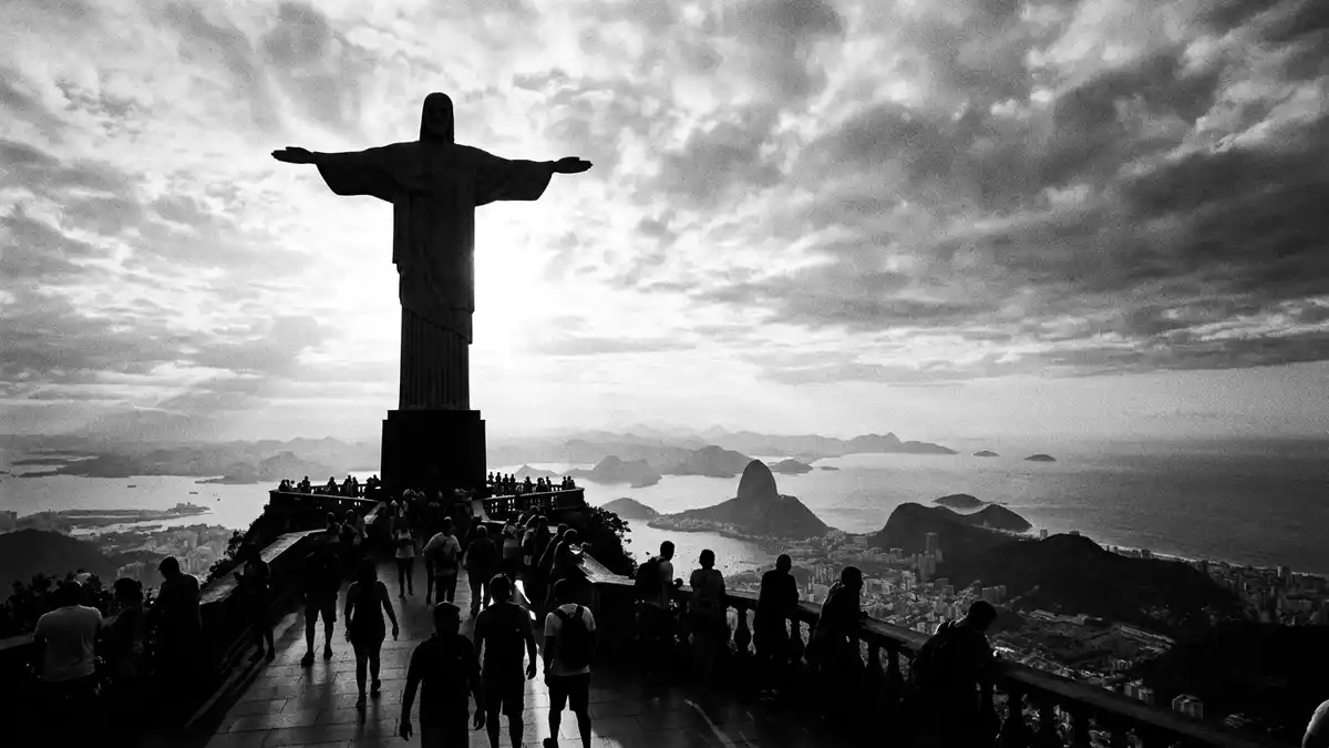 Schwarzweiss-Reportage vom Wahrzeichen Christusstatue Rio de Janeiro in Rio de Janeiro, Bras…