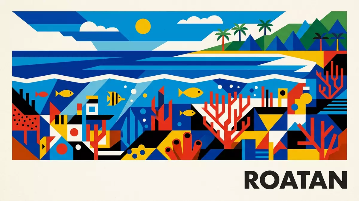 Bauhaus-Poster als Abstraktion von Roatan-Korallenriff in Roatan, Honduras
