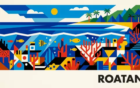 Bauhaus-Poster als geometrische Abstraktion von Roatan-Korallenriff in Roatan Honduras, kraeftige Grundfarben und harte Formkanten - Foto: THN