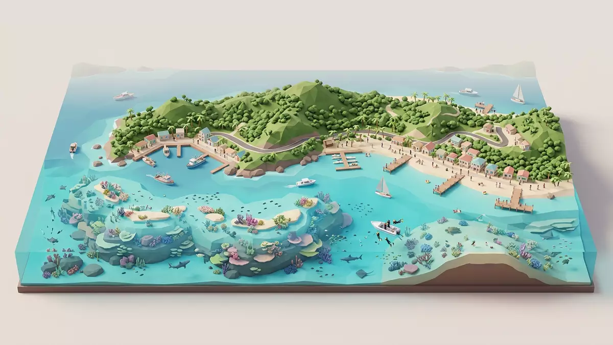 Isometrisches Diorama von Roatan-Korallenriff in Roatan, Honduras in Pastell