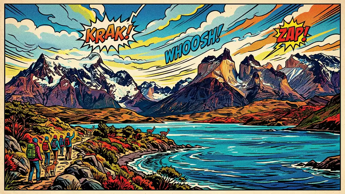 Pop-Art-Comic von Torres-del-Paine-Nationalpark in Puerto Natales, Chile mit Rasterpunkten