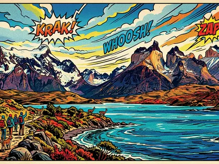 Pop-Art-Comicillustration des Wahrzeichens Torres-del-Paine-Nationalpark in Puerto Natales Chile, kraeftige Konturen Rasterpunkte und satte Farben - Foto: THN