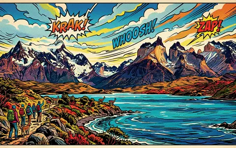 Pop-Art-Comicillustration des Wahrzeichens Torres-del-Paine-Nationalpark in Puerto Natales Chile, kraeftige Konturen Rasterpunkte und satte Farben - Foto: THN