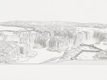 Moderner Architektur-Render zeigt Silhouette von Iguazu-Fälle in Foz do Iguacu Brasilien/Argentinien, klare Linien und neutrales - Foto: THN
