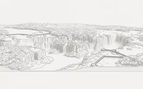 Moderner Architektur-Render zeigt Silhouette von Iguazu-Fälle in Foz do Iguacu Brasilien/Argentinien, klare Linien und neutrales - Foto: THN