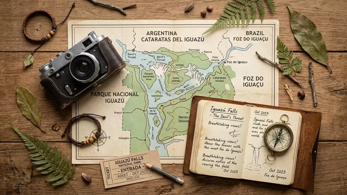 Flatlay-Reise-Arrangement rund um Iguazu-Fälle in Foz do Iguacu, Brasilien/Argentinien