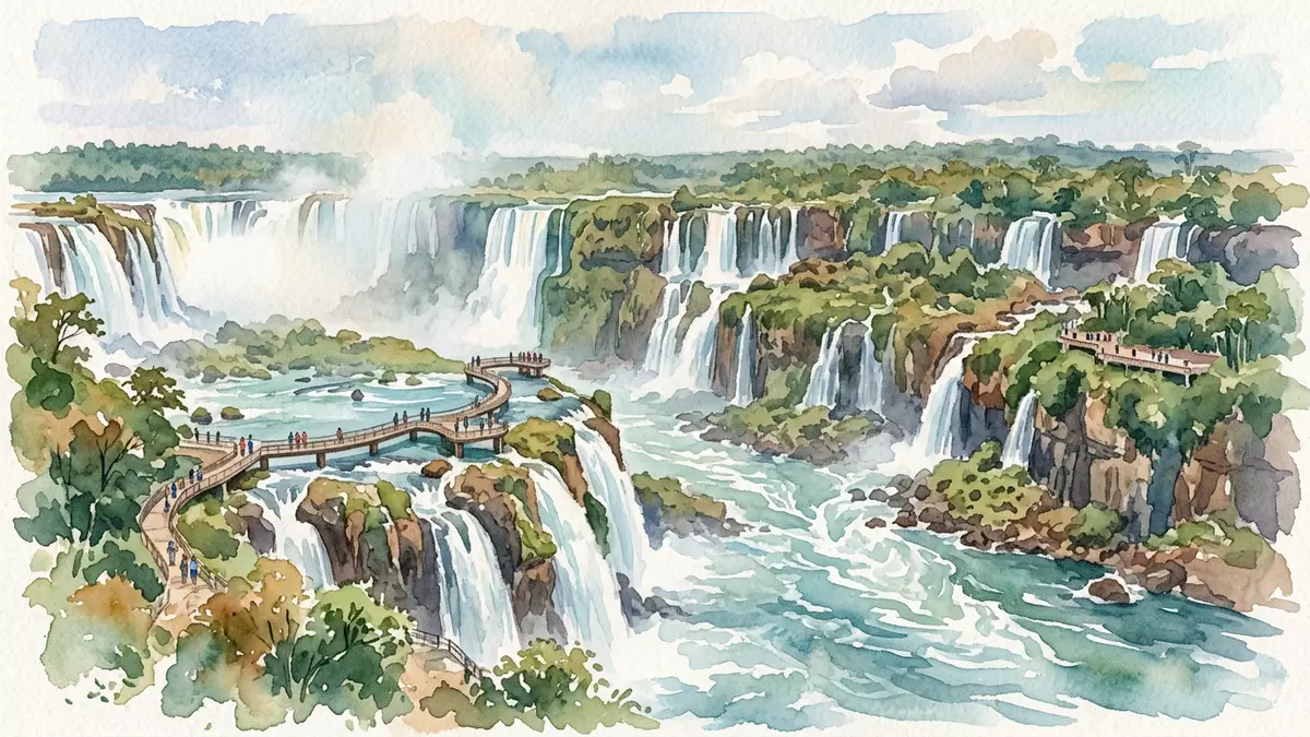 Aquarell-Illustration von Iguazu-Fälle in Foz do Iguacu, Brasilien/Argentinien als Reiseposter