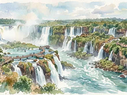 Aquarellillustration des Wahrzeichens Iguazu-Fälle in Foz do Iguacu Brasilien/Argentinien, weiche Farbverläufe und pastelliges Reiseposter-Feeling - Foto: THN