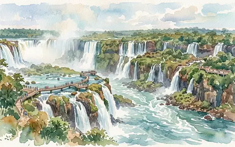 Aquarellillustration des Wahrzeichens Iguazu-Fälle in Foz do Iguacu Brasilien/Argentinien, weiche Farbverläufe und pastelliges Reiseposter-Feeling - Foto: THN