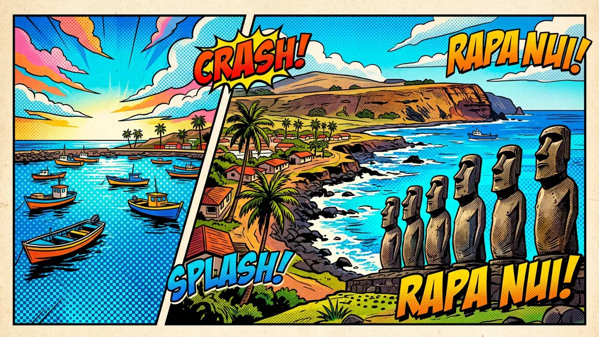 Pop-Art-Comic von Osterinsel Moai in Hanga Roa, Chile mit Rasterpunkten