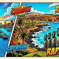 Pop-Art-Comicillustration des Wahrzeichens Osterinsel Moai in Hanga Roa Chile, kraeftige Konturen Rasterpunkte und satte Farben - Foto: THN