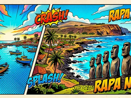 Pop-Art-Comicillustration des Wahrzeichens Osterinsel Moai in Hanga Roa Chile, kraeftige Konturen Rasterpunkte und satte Farben - Foto: THN