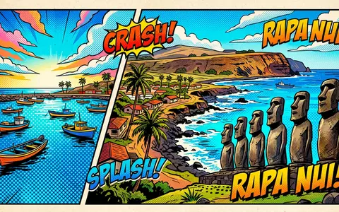 Pop-Art-Comicillustration des Wahrzeichens Osterinsel Moai in Hanga Roa Chile, kraeftige Konturen Rasterpunkte und satte Farben - Foto: THN