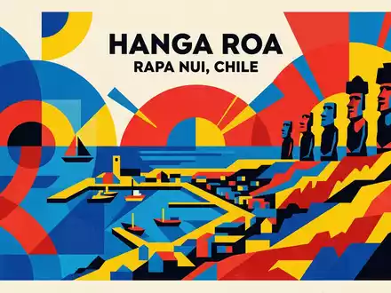 Bauhaus-Poster als geometrische Abstraktion von Osterinsel Moai in Hanga Roa Chile, kraeftige Grundfarben und harte - Foto: THN
