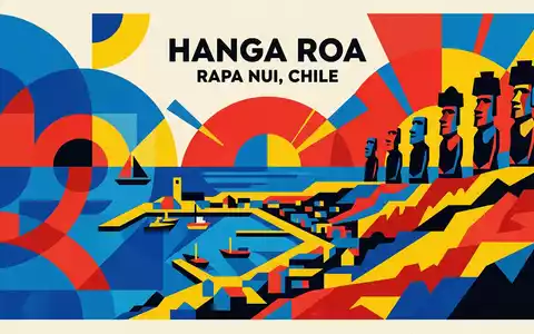 Bauhaus-Poster als geometrische Abstraktion von Osterinsel Moai in Hanga Roa Chile, kraeftige Grundfarben und harte - Foto: THN