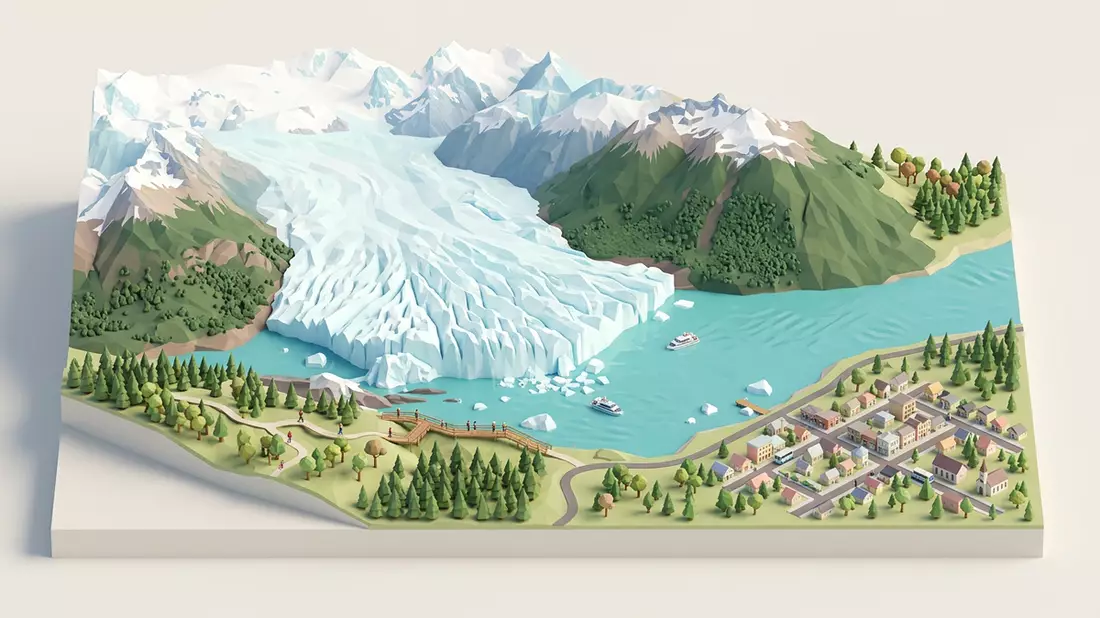 Isometrisches Diorama von Perito-Moreno-Gletscher in El Calafate, Argentinien in Pastell