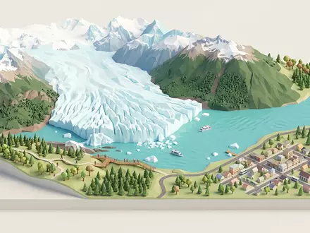 Isometrisches Diorama von Perito-Moreno-Gletscher und Umgebung in El Calafate Argentinien, verspielte Low-Poly-Kulisse in Pastellfarben - Foto: THN