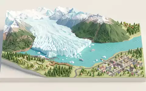 Isometrisches Diorama von Perito-Moreno-Gletscher und Umgebung in El Calafate Argentinien, verspielte Low-Poly-Kulisse in Pastellfarben - Foto: THN