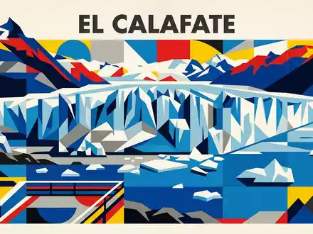 Bauhaus-Poster als geometrische Abstraktion von Perito-Moreno-Gletscher in El Calafate Argentinien, kraeftige Grundfarben und harte Formkanten - Foto: THN