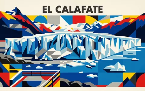 Bauhaus-Poster als geometrische Abstraktion von Perito-Moreno-Gletscher in El Calafate Argentinien, kraeftige Grundfarben und harte Formkanten - Foto: THN