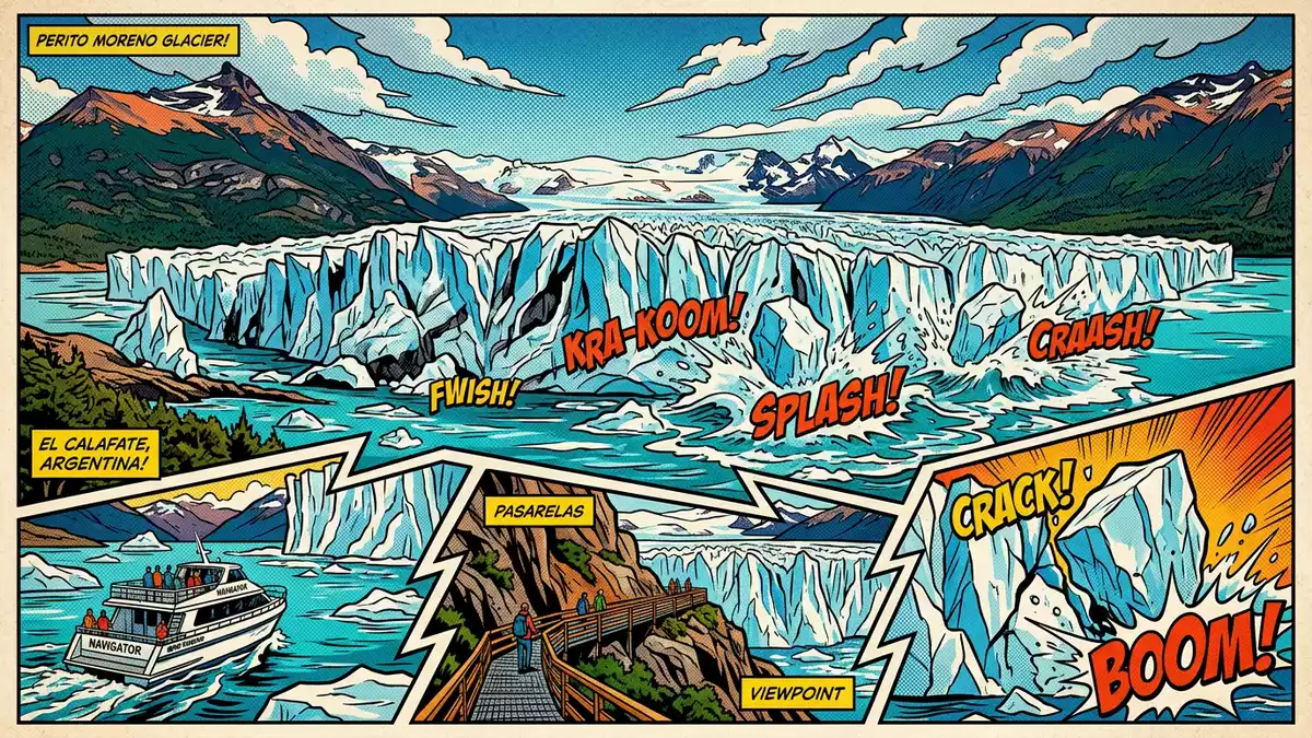 Pop-Art-Comic von Perito-Moreno-Gletscher in El Calafate, Argentinien mit Rasterpunkten