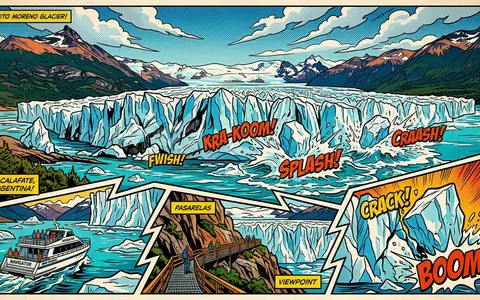 Pop-Art-Comicillustration des Wahrzeichens Perito-Moreno-Gletscher in El Calafate Argentinien, kraeftige Konturen Rasterpunkte und satte Farben - Foto: THN