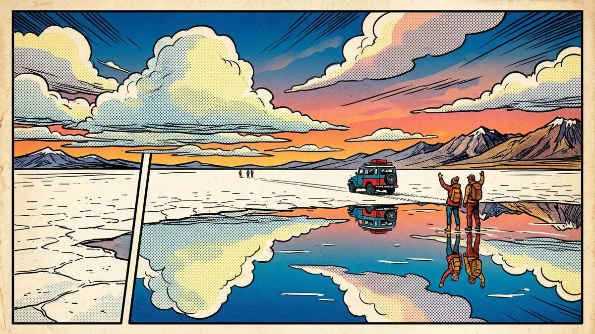 Pop-Art-Comic von Salar de Uyuni in Uyuni, Bolivien mit Rasterpunkten