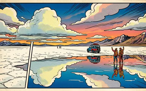 Pop-Art-Comicillustration des Wahrzeichens Salar de Uyuni in Uyuni Bolivien, kraeftige Konturen Rasterpunkte und satte Farben - Foto: THN