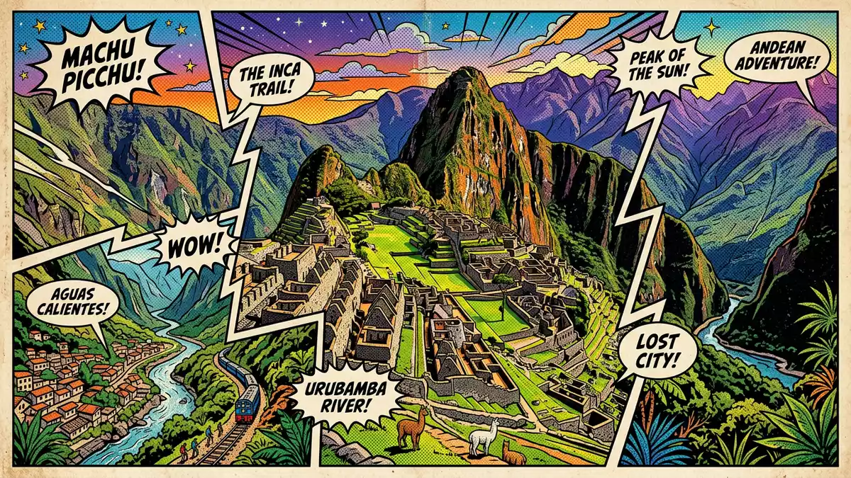 Pop-Art-Comic von Machu Picchu in Aguas Calientes, Peru mit Rasterpunkten