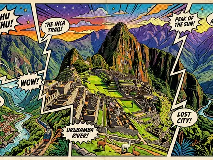 Pop-Art-Comicillustration des Wahrzeichens Machu Picchu in Aguas Calientes Peru, kraeftige Konturen Rasterpunkte und satte Farben - Foto: THN