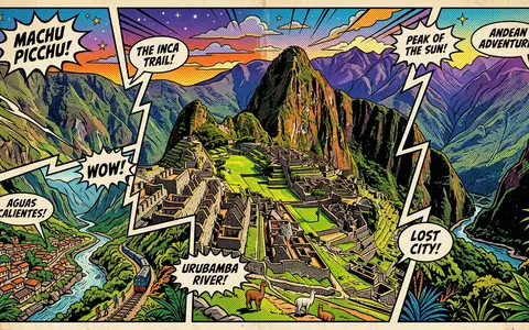 Pop-Art-Comicillustration des Wahrzeichens Machu Picchu in Aguas Calientes Peru, kraeftige Konturen Rasterpunkte und satte Farben - Foto: THN