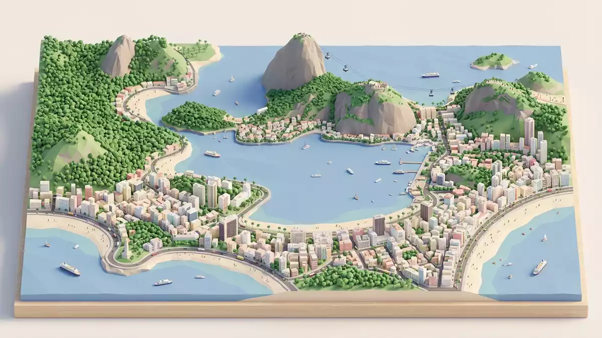 Isometrisches Diorama von Zuckerhut Rio de Janeiro in Rio de Janeiro, Brasilien in Pastell