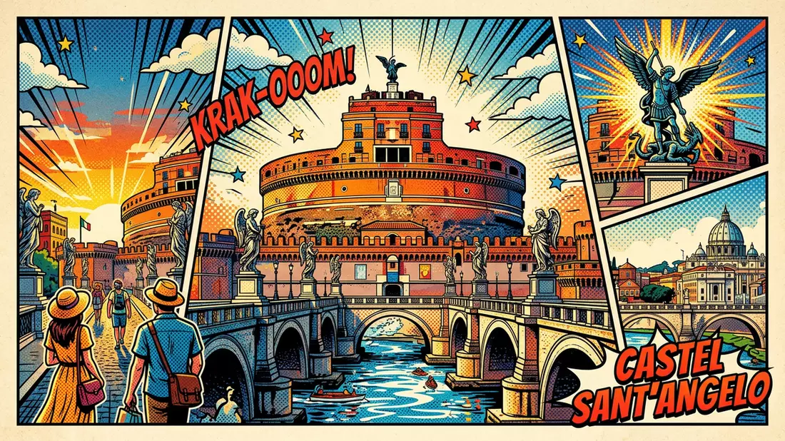 Pop-Art-Comic von Engelsburg Rom in Rom, Italien mit Rasterpunkten