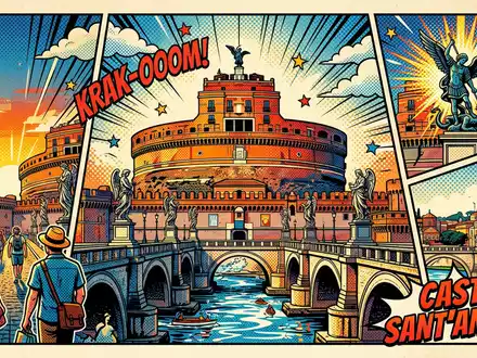Pop-Art-Comicillustration des Wahrzeichens Engelsburg Rom in Rom Italien, kraeftige Konturen Rasterpunkte und satte Farben - Foto: THN