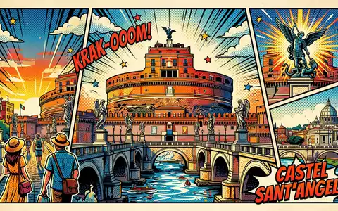 Pop-Art-Comicillustration des Wahrzeichens Engelsburg Rom in Rom Italien, kraeftige Konturen Rasterpunkte und satte Farben - Foto: THN