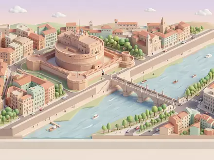 Isometrisches Diorama von Engelsburg Rom und Umgebung in Rom Italien, verspielte Low-Poly-Kulisse in Pastellfarben - Foto: THN