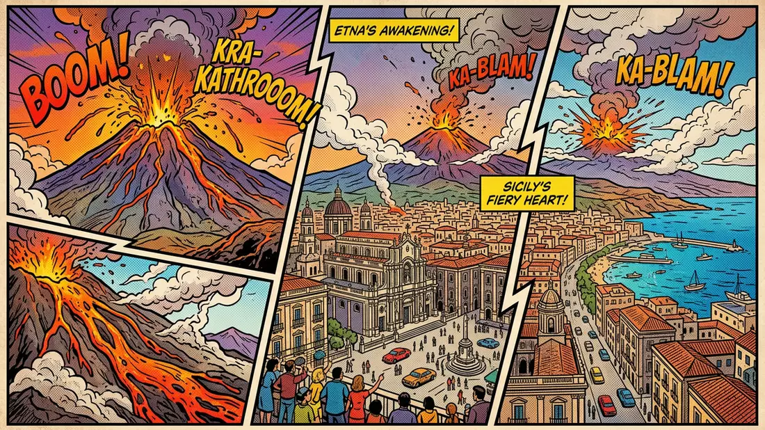 Pop-Art-Comic von Aetna in Catania, Italien mit Rasterpunkten