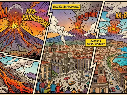 Pop-Art-Comicillustration des Wahrzeichens Aetna in Catania Italien, kraeftige Konturen Rasterpunkte und satte Farben - Foto: THN