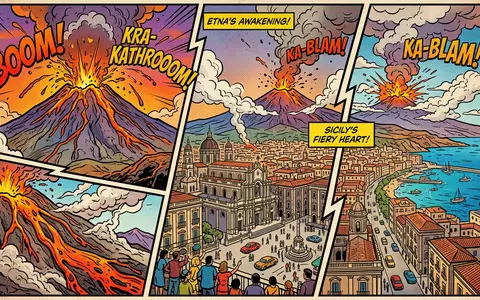 Pop-Art-Comicillustration des Wahrzeichens Aetna in Catania Italien, kraeftige Konturen Rasterpunkte und satte Farben - Foto: THN
