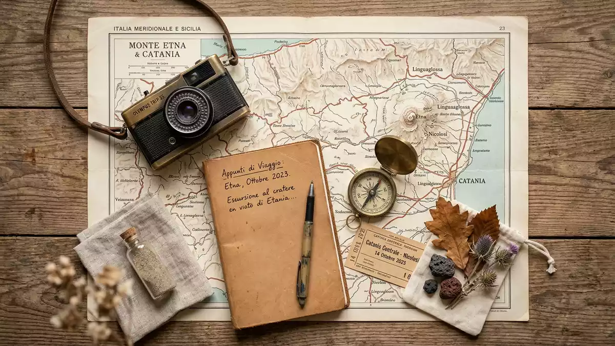 Flatlay-Reise-Arrangement rund um Aetna in Catania, Italien